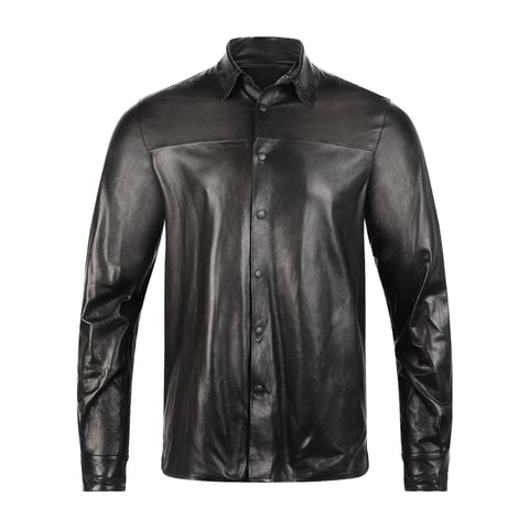 NELSON LEATHER BUTTON DOWN SHIRT | BLACK